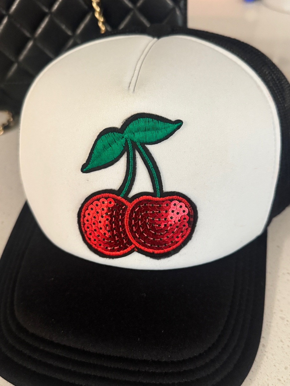 Pacha NYC BKLN Double Cherry Black and White Mesh Trucker Cap